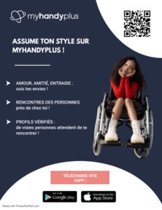 fond bleu on y voit la présentation de l'application Myhandyplus avec une jeune femme en fauteuil